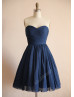 Navy Blue Polka Dots Tulle Pleated Short Bridesmaid Dress